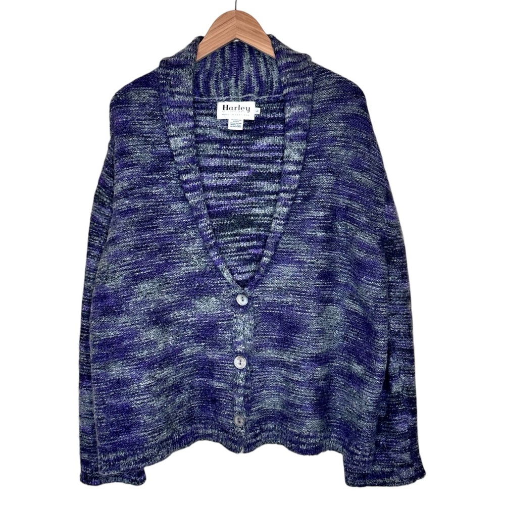 Harley of Scotland Oversized Cardigan Size Large Mohair Merino Wool Purple Gray